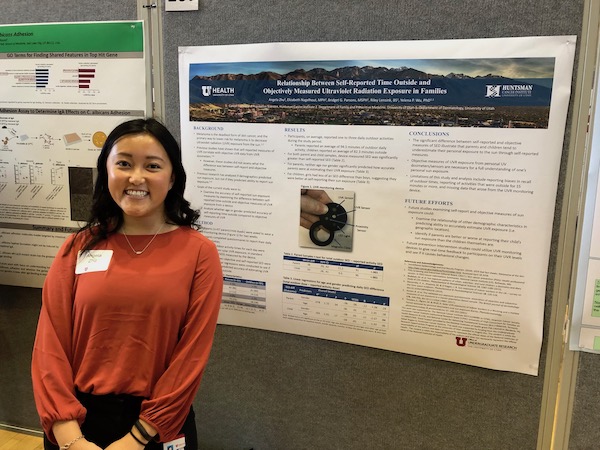 Angela Zhu presents her thesis research on the relationship between self-reported and actual outdoor UVR exposure among families in Utah at the University of Utah Undergraduate Research Symposium.