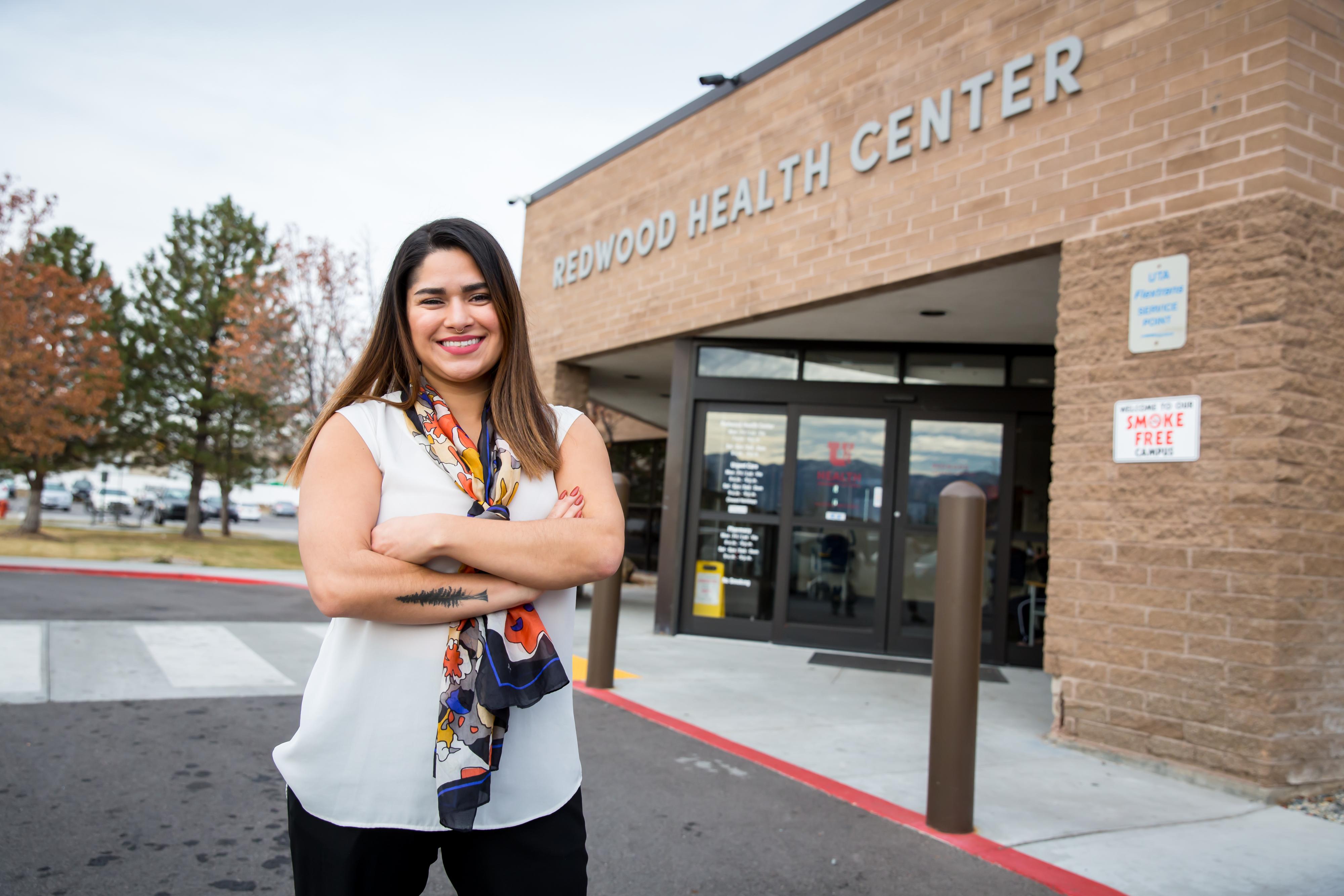 Anna Gallegos Standing Outside the Redwood Health Center