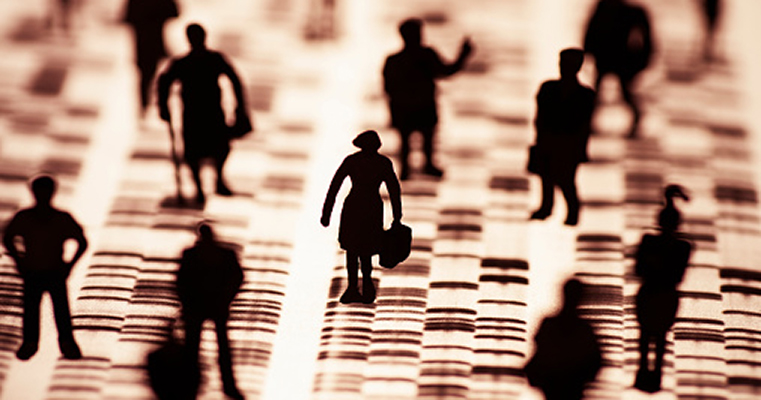 Silhouettes of People Standing on DNA Gene