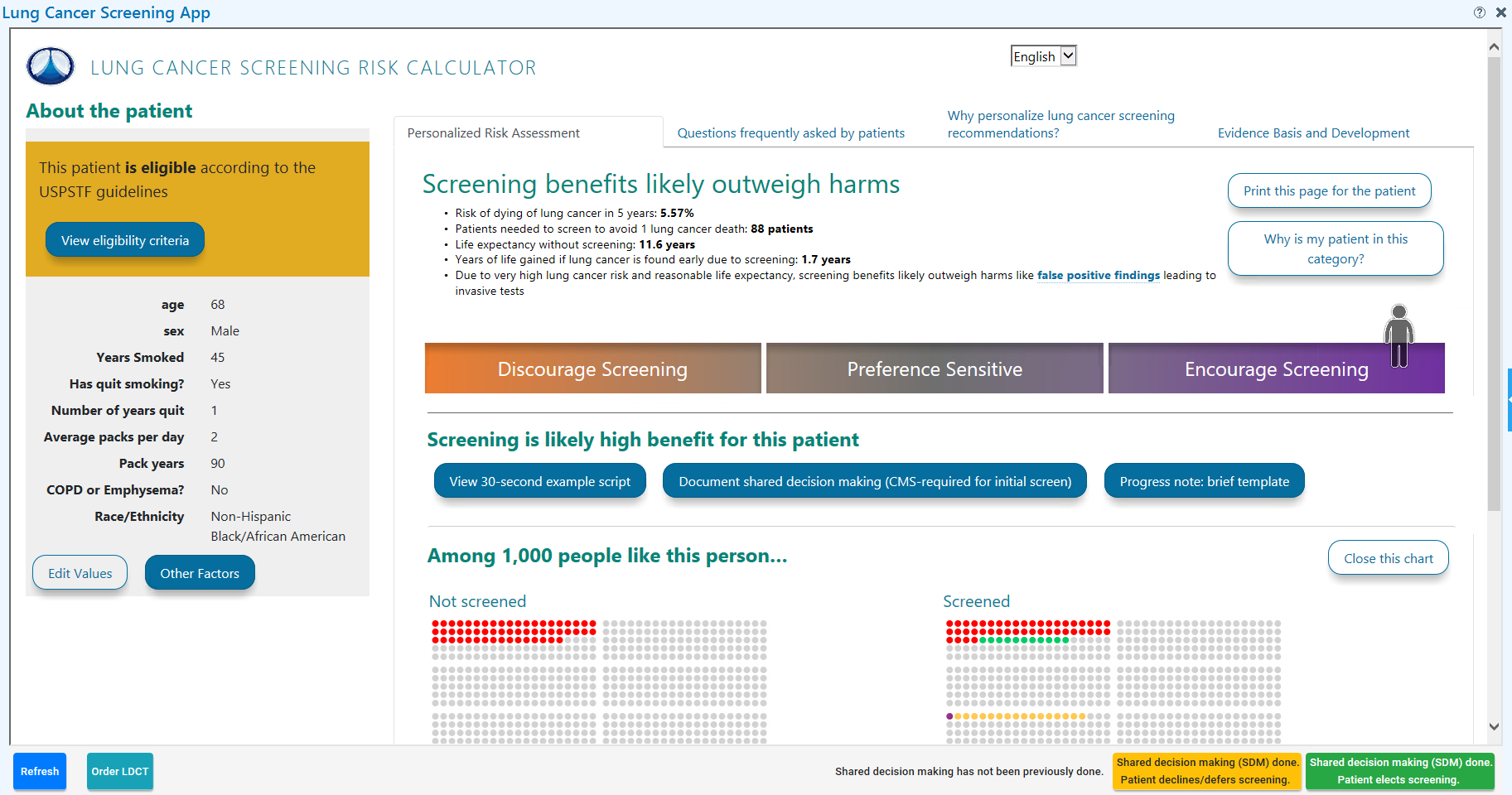 Screenshot of a digital tool that integrates patient electronic health records into a personalized risk assessment, visually summarized by a risk spectrum and colored dots representing the likelihood of different health outcomes.