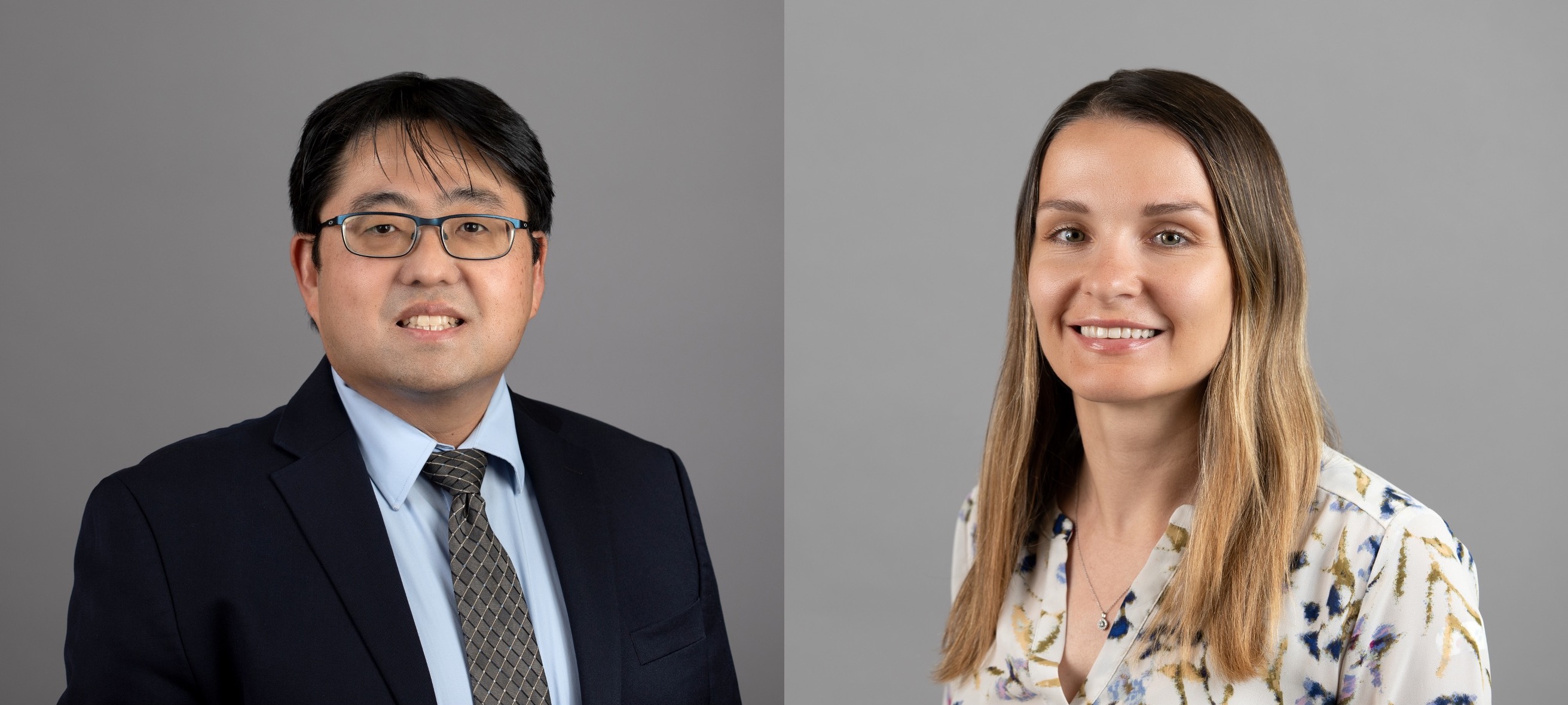 Profile photos of Kensaku Kawamoto and Polina Kukhareva on a gray background.