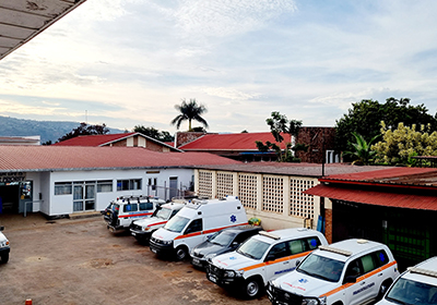 Ambulances parked in front of a hospital in Rwanda