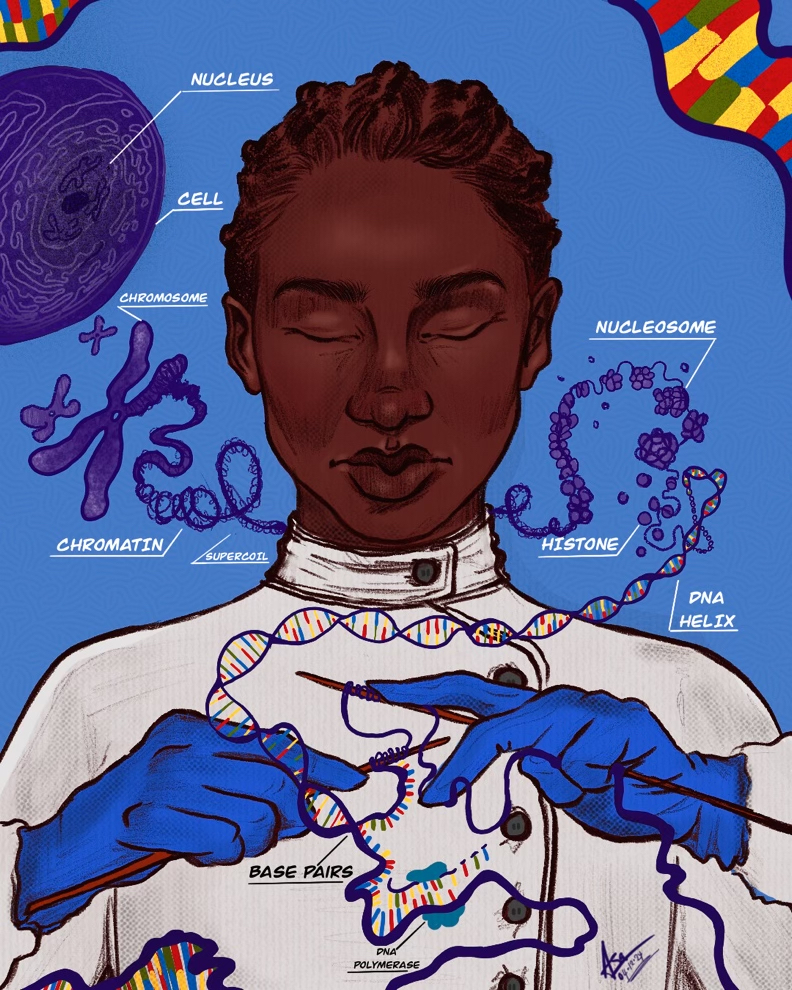 Detailed full-color illustration of a person with dark skin wearing lab gloves and a white coat, using knitting needles to "weave" DNA into helices and chromosomes.