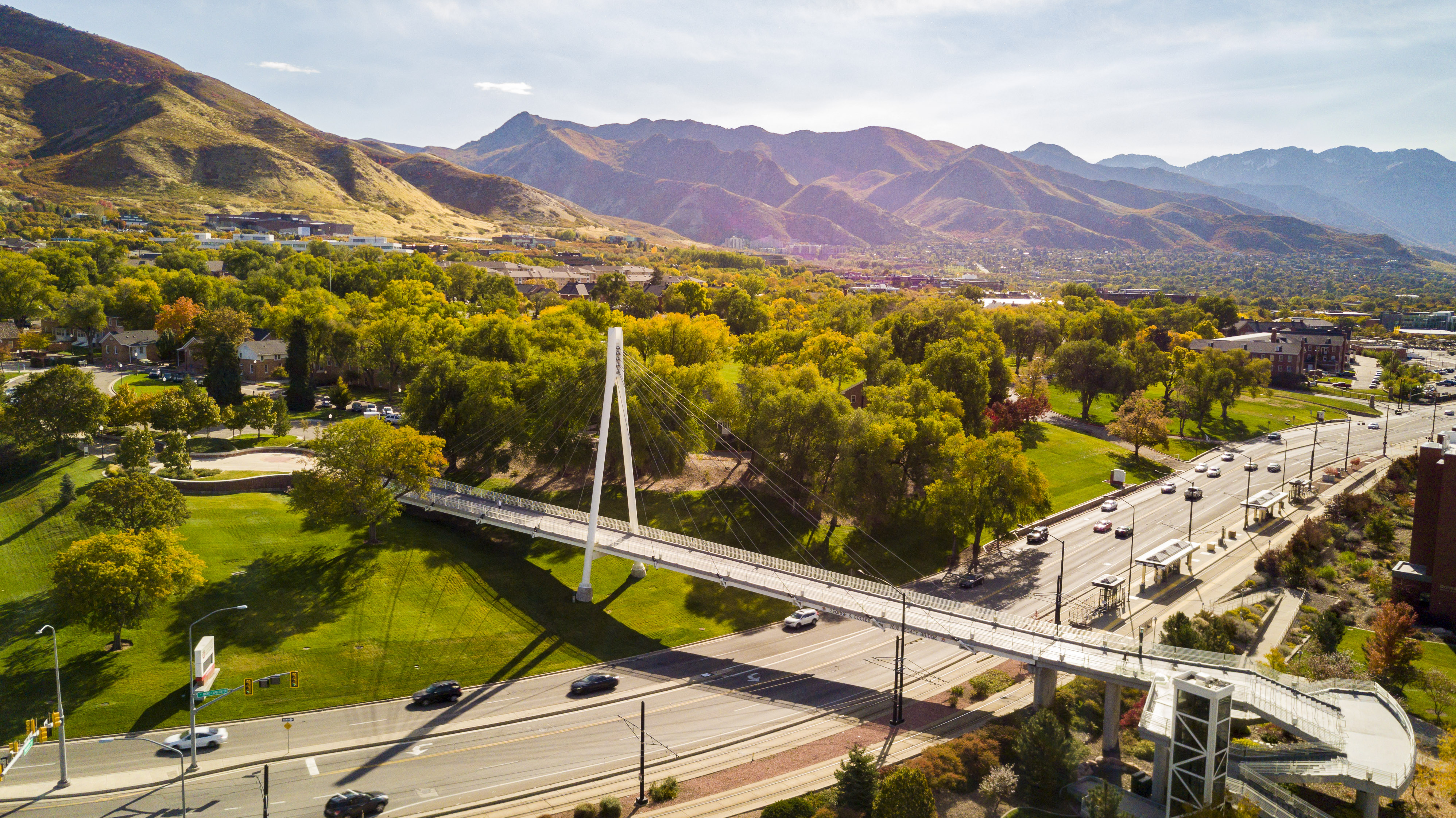 Aerial view of the Legacy Bridge in autumn.
