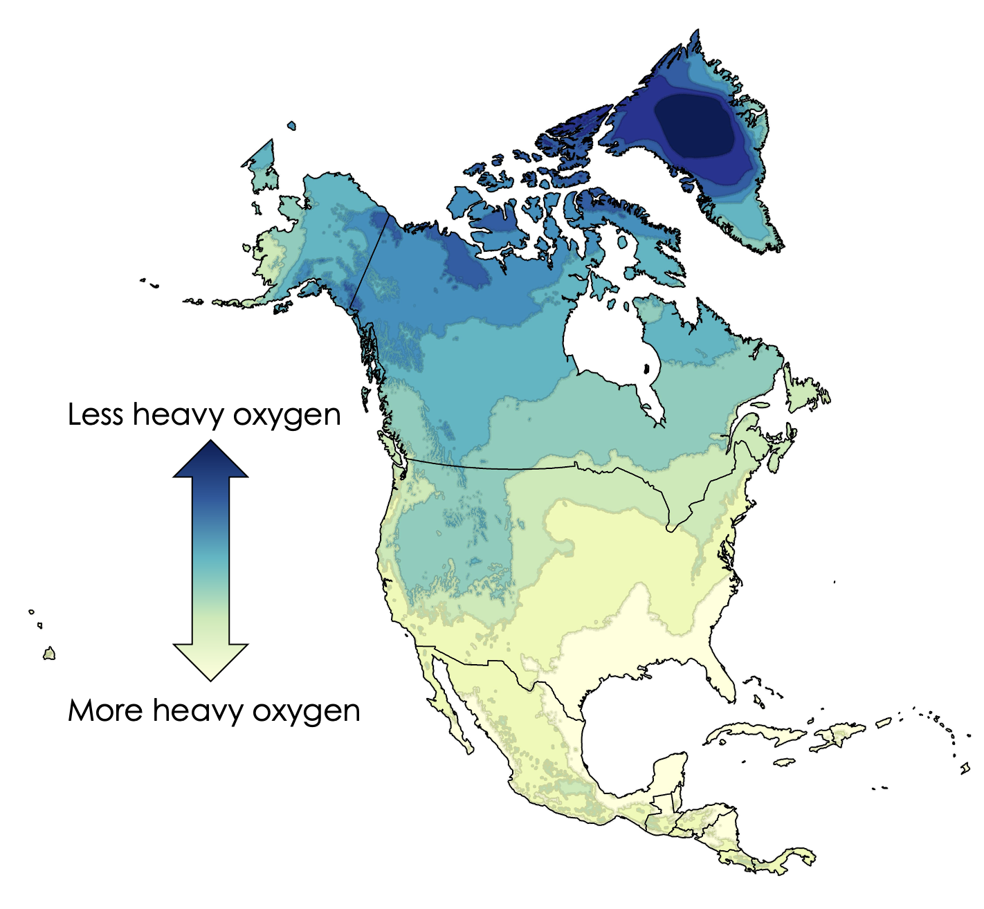 Map of North America color-coded by the amount of heavy oxygen in groundwater, ranging from pale yellow (most heavy oxygen) on the Gulf Coast to deep blue (least heavy oxygen) in northern Canada and Greenland.