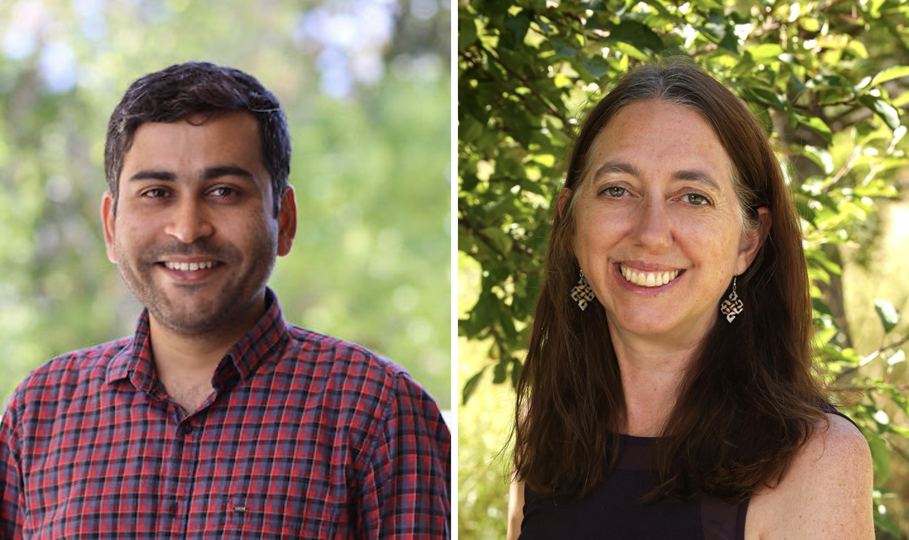 Two smiling people standing in front of trees.