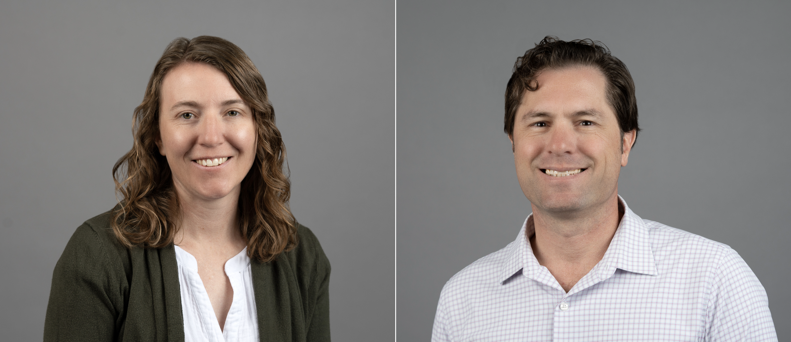 Panel of two profile photos of people smiling at the camera.