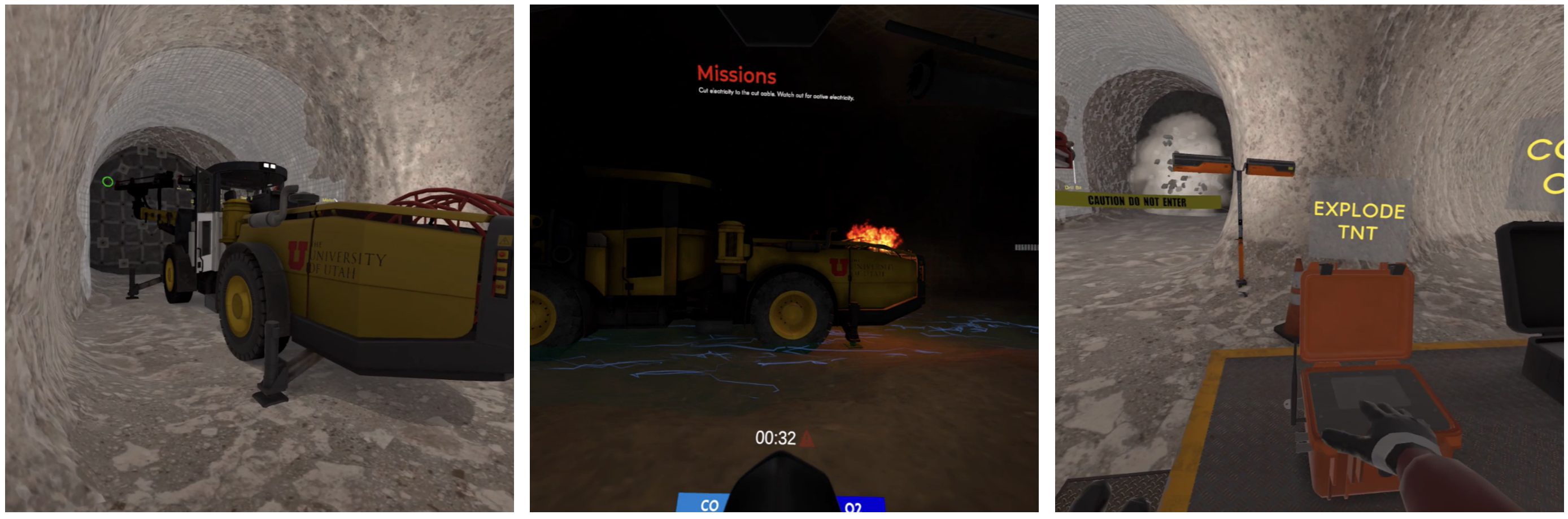 Panel of three video-game-like graphics of mining equipment in tunnels. In the center panel, the surroundings are dark and the equipment is on fire.