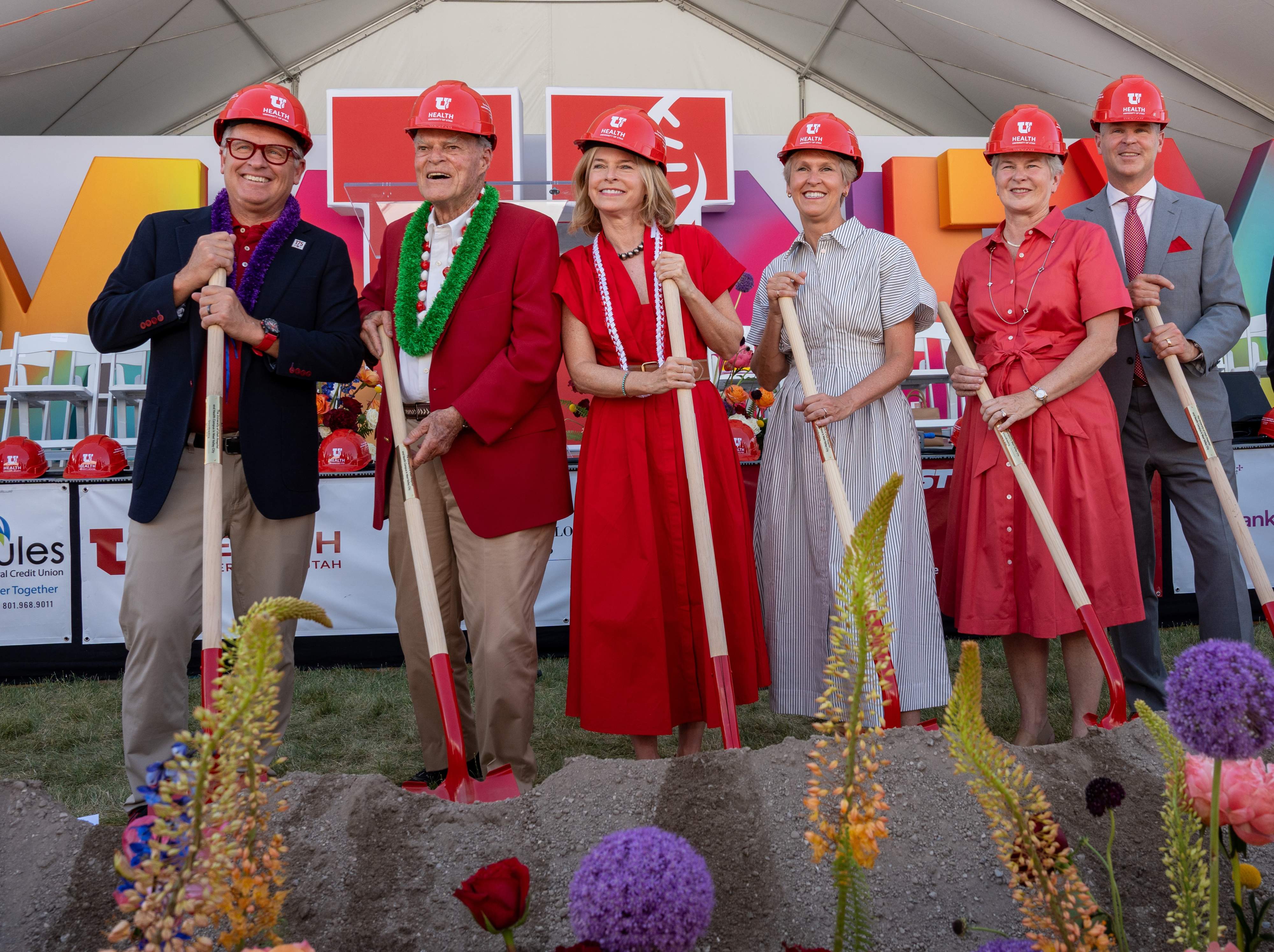 Groundbreaking for the University of Utah Eccles Health Campus and Eccles Hospital in West Valley, June 2025. From left to right: University of Utah President Taylor Randall, Spence F. Eccles, Lisa Eccles, Katie Eccles, Hope Eccles, and Spencer P. Eccles.
