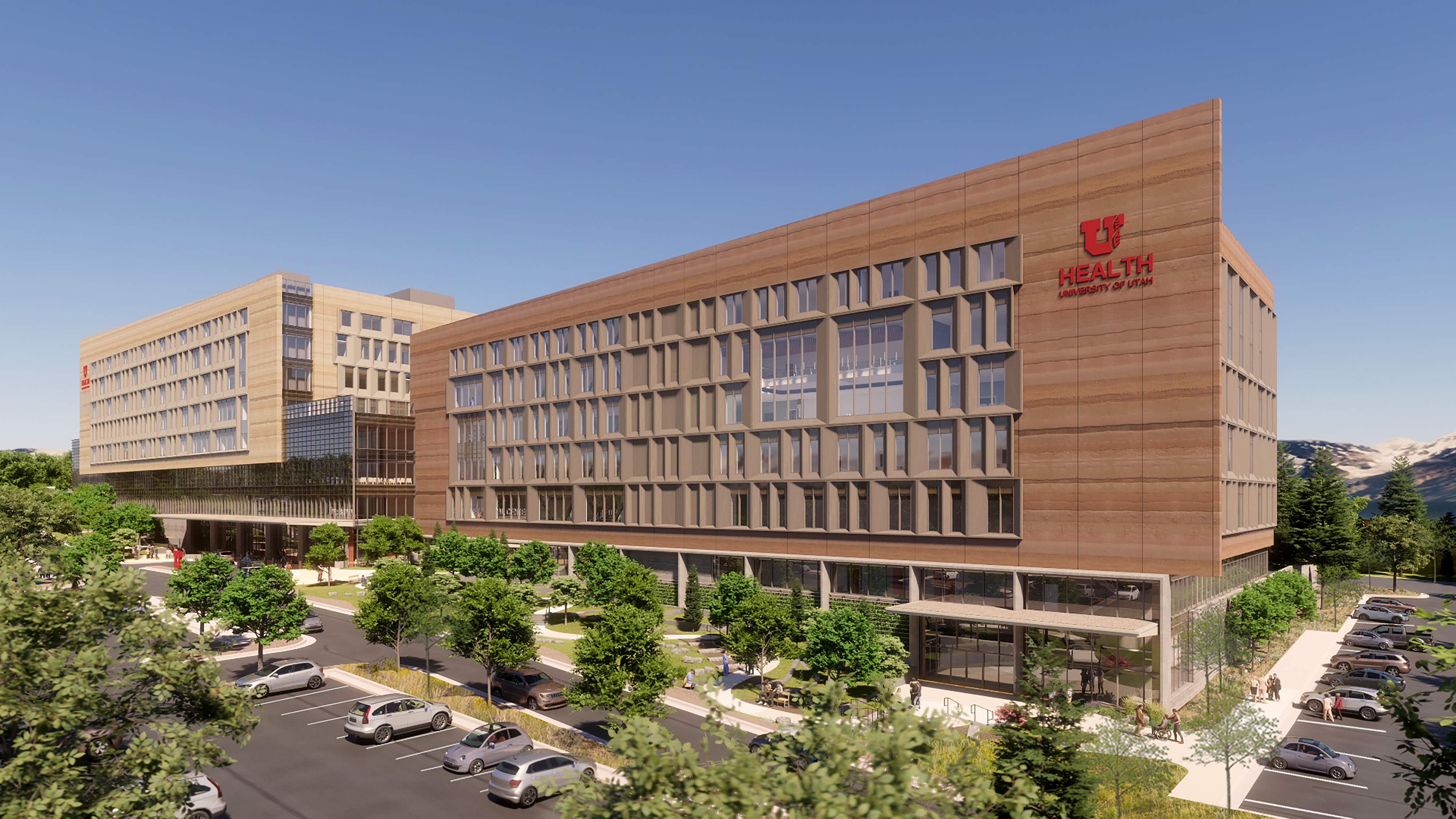 A conceptual rendering of the University of Utah Eccles Health Campus and Eccles Hospital, viewed from the northeast.