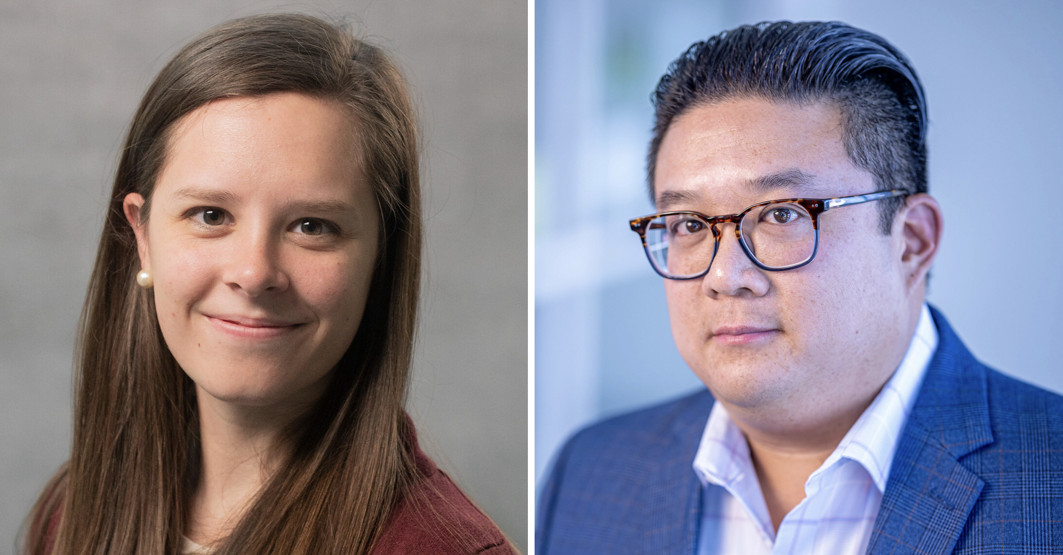 Panel of two profile photos, a person in a red shirt and a person in a blue suit.