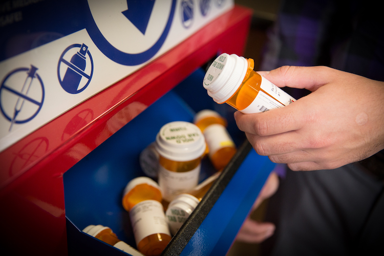 A drug disposal box in a University of Utah Health pharmacy