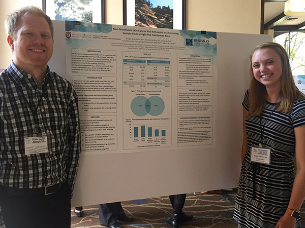 Bridget Grahmann and Garrett Harding presenting findings from the HCI 2015 skin cancer screening at the Utah Public Health Association conference, April 2016.