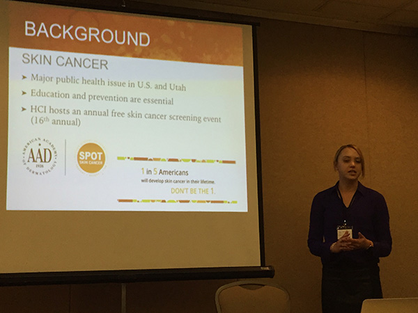Bridget Grahmann presents data from her Master's thesis research on HCI's Skin Cancer Screening at the Utah Cancer Action Network conference, May 2016.