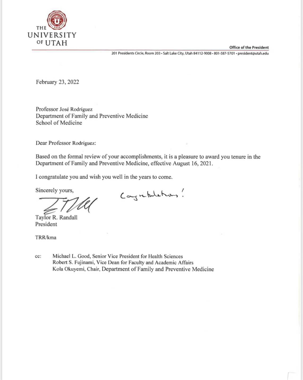 a screenshot of the tenure letter Dr. Rodriguez received