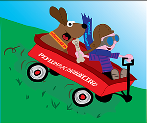 Illustration of dog and boy going downhill in a wagon