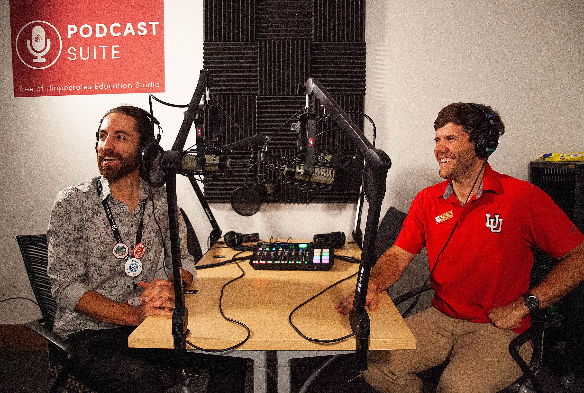 Bryan Hull and Brandon Patterson demonstrate the functions of the Tree of Hippocrates Education Studio (THE Studio), a fully equipped multimedia lab where students, staff, and faculty can create professional quality audio and video recordings.
