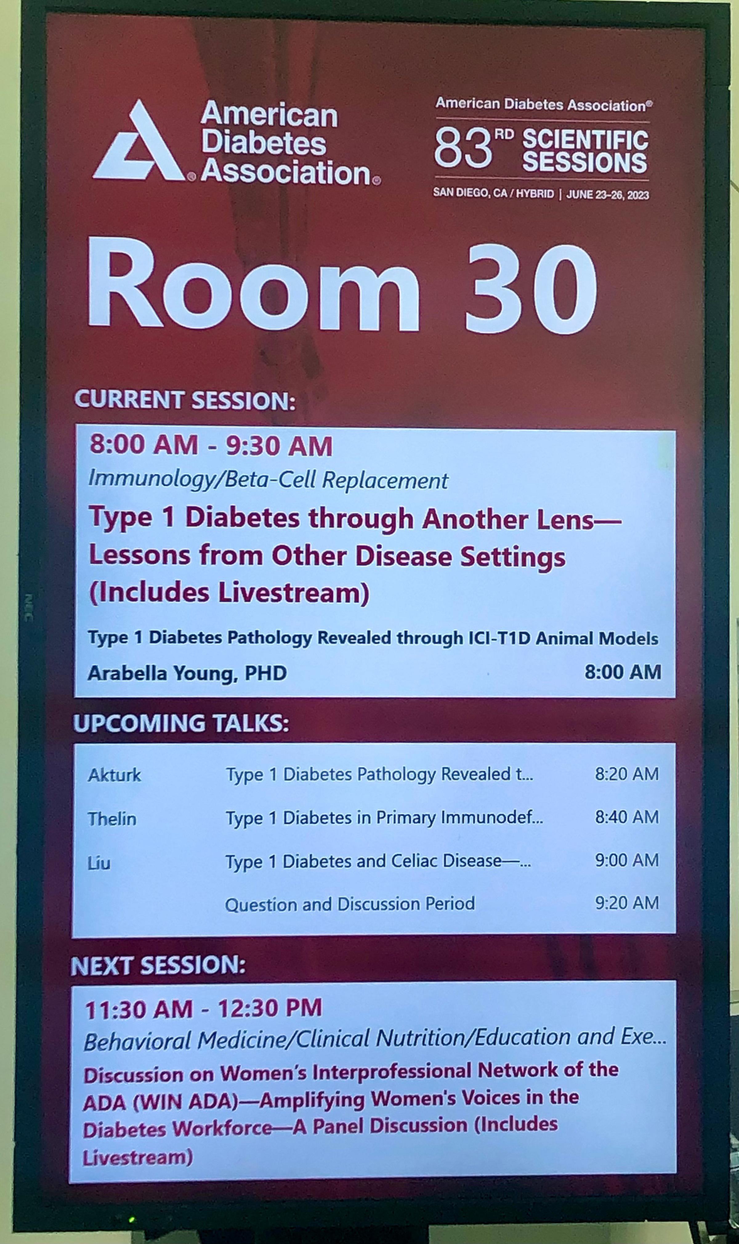 Room plaque from American Diabetes Association Annual Meeting showing upcoming presentation by Arabella Young, PhD