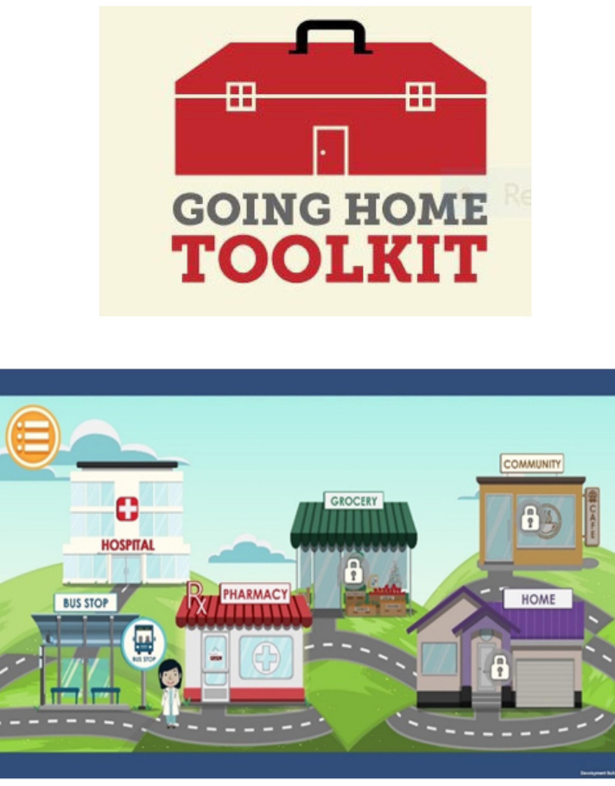 Going Home Toolkit logo above a cartoon village with a bus stop, pharmacy, grocery store and other buildings.