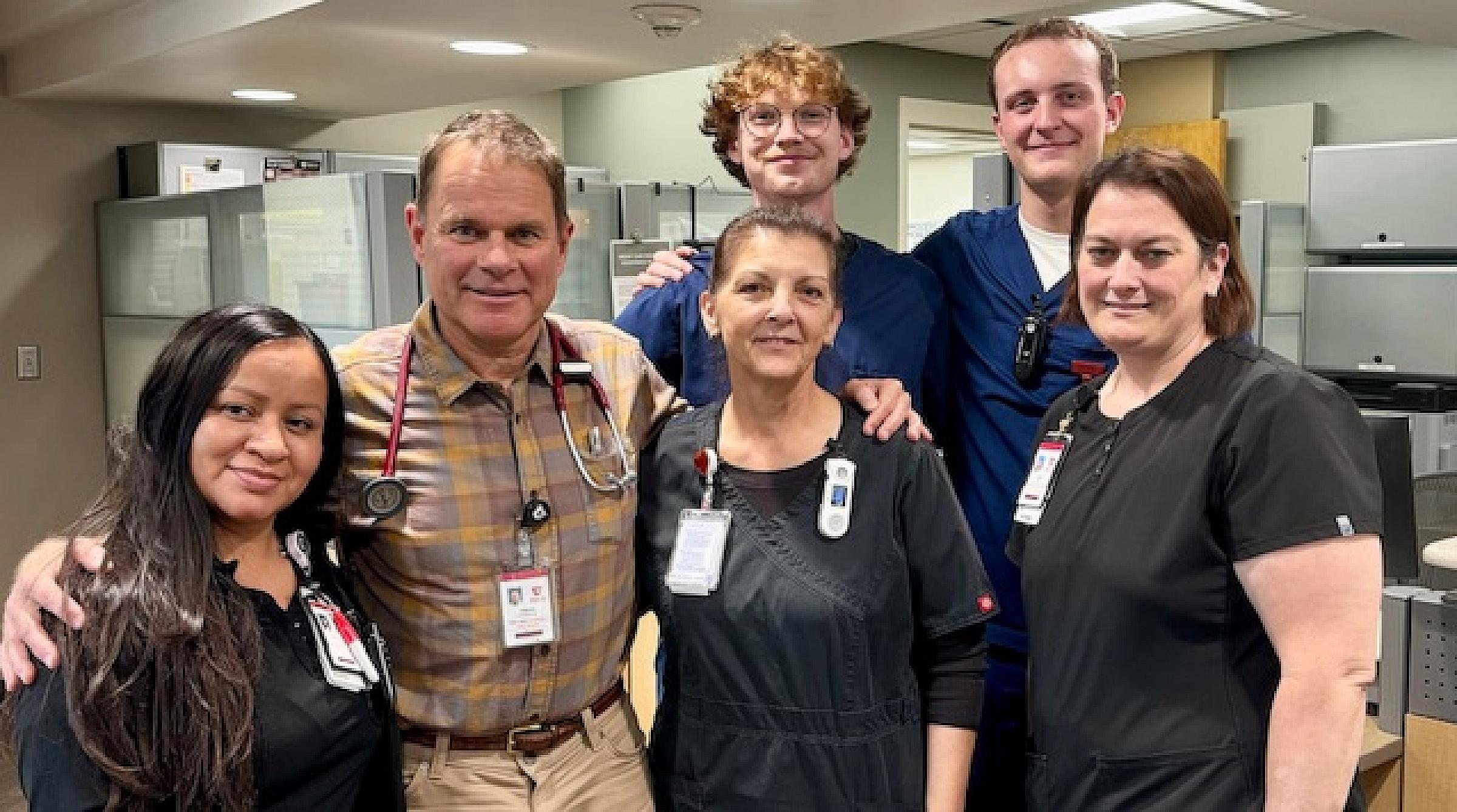Osman Sanyer, MD, (second from the left) with the Thursday evening family medicine team for his last patient session at the U of U Health Madsen Health Center, June 2024.