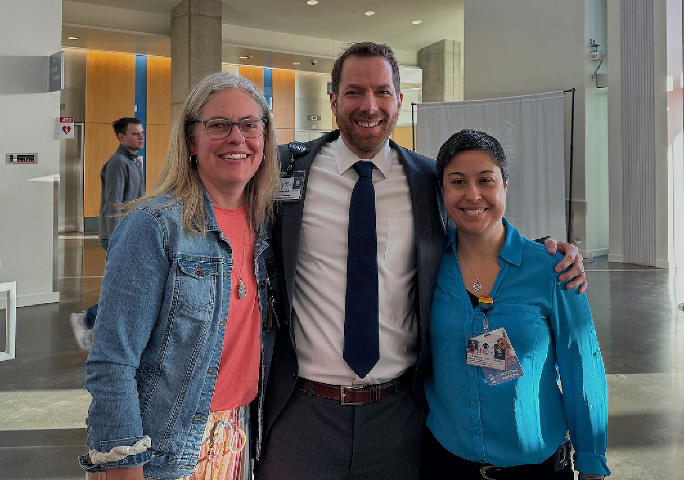 Tracy Bumsted, MD, MPH, (left), celebrates Match Day 2024 with assistant deans for student affairs Benjamin Schneider,MD, and Rebecca Cantone, MD, at Oregon Health & Science University Medical School.