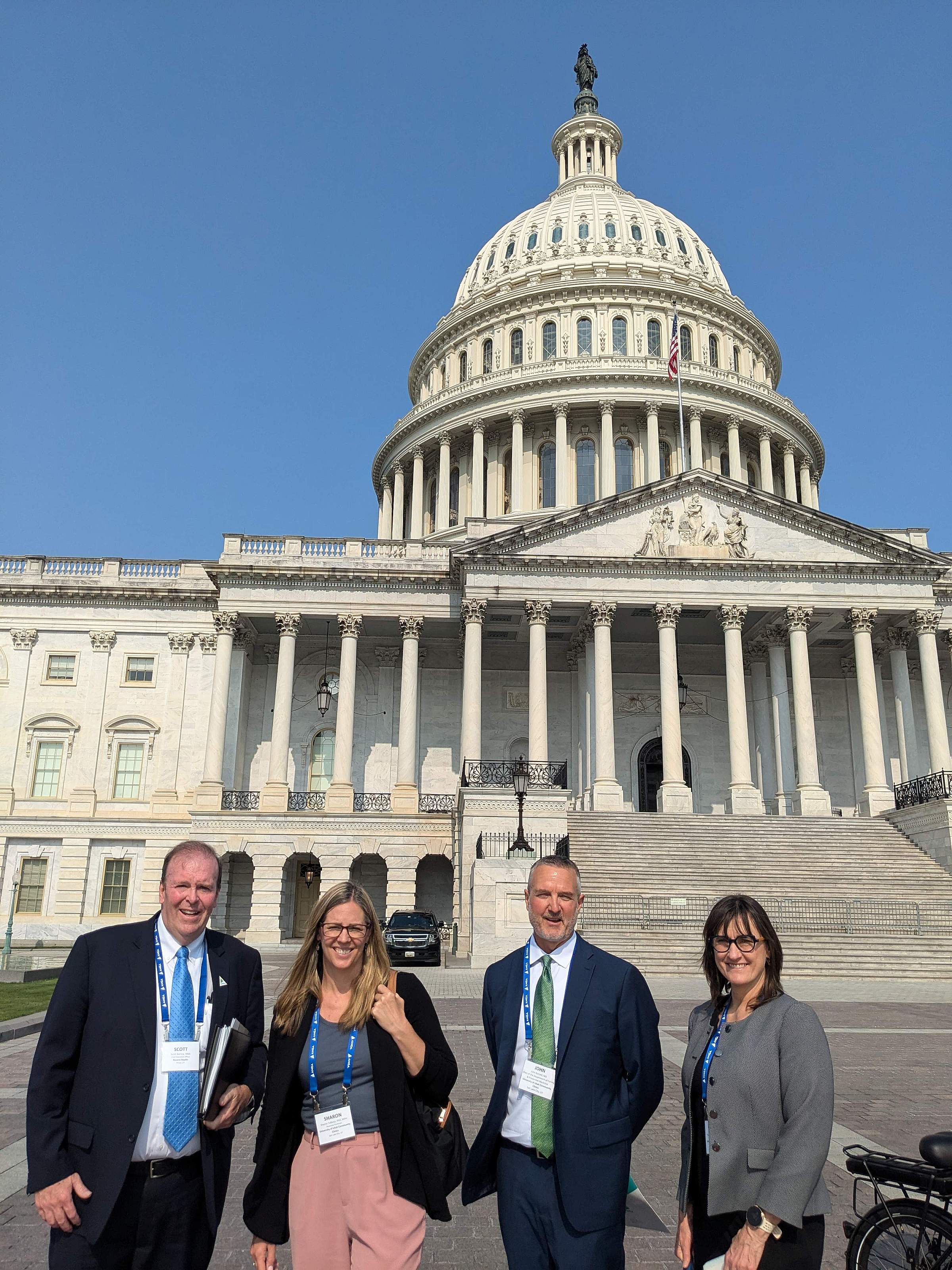 Meeting with elected representatives and their staff on Capitol Hill Day to discuss issues impacting medical groups and health systems. From left to right: Scott Barlow, CEO, Revere Health; Sharon Tallboys, PhD, MPH, public health professor, University of Utah; John Barrett, MD, chair, family and preventive medicine, University of Utah; Bernadette Kiraly, MD, family medicine division chief, University of Utah. 