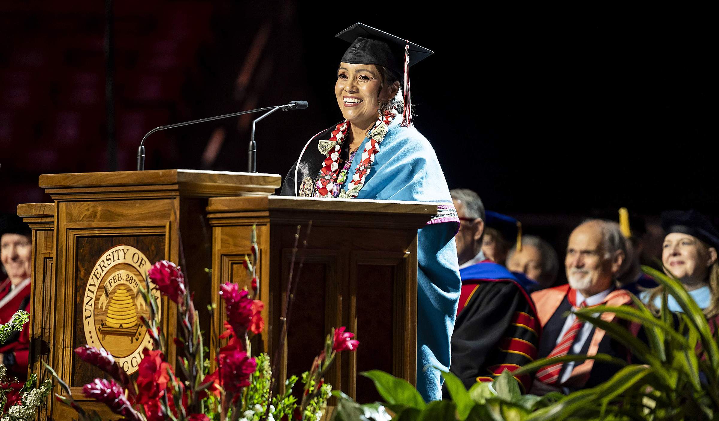 Tracie Yellowman Tséyíníítsó speaks at the 2025 commencement ceremony.