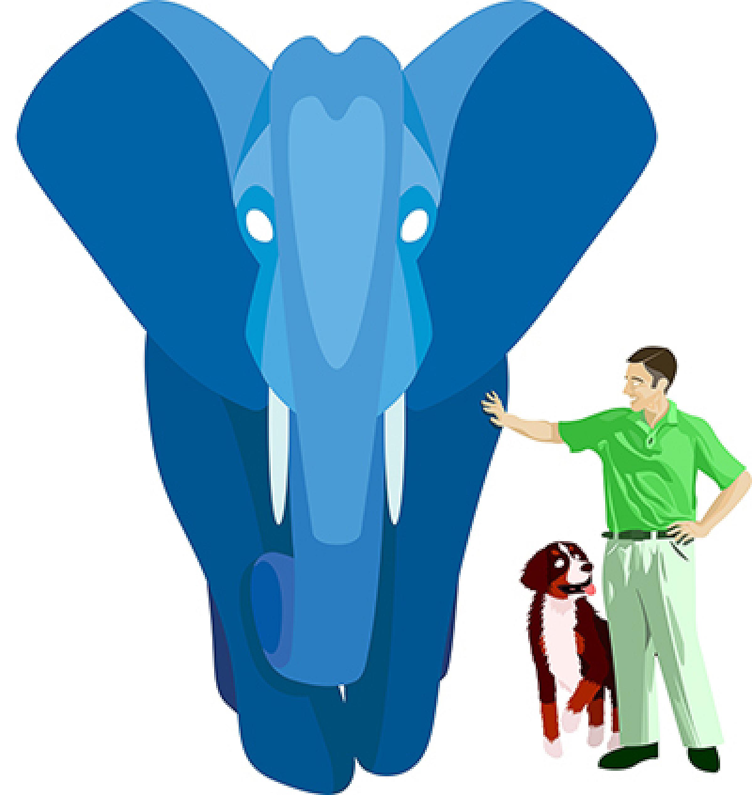 Vector illustration of man and dog standing next to elephant