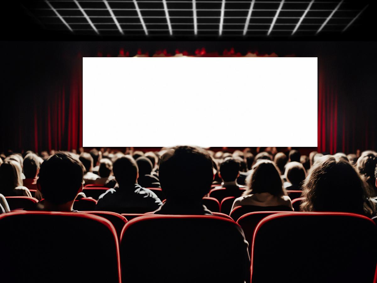 A packed theater of people staring at a blank movie screen