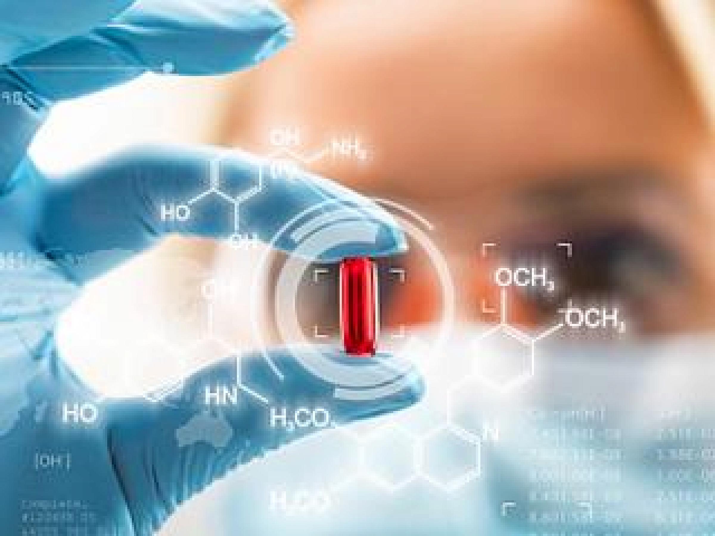 Gloved hand holding a pill with masked face in background