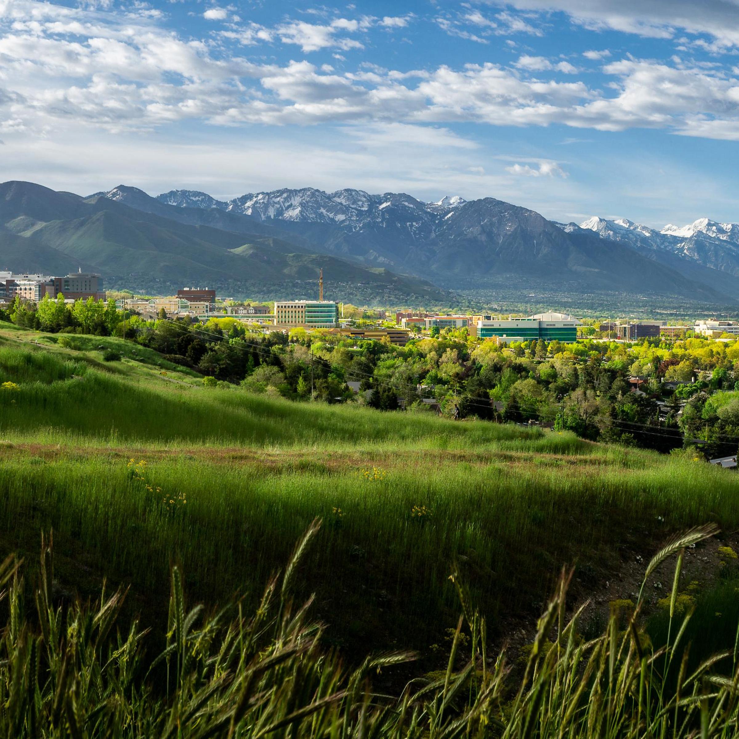 View of Campus with Buildings and Mountains