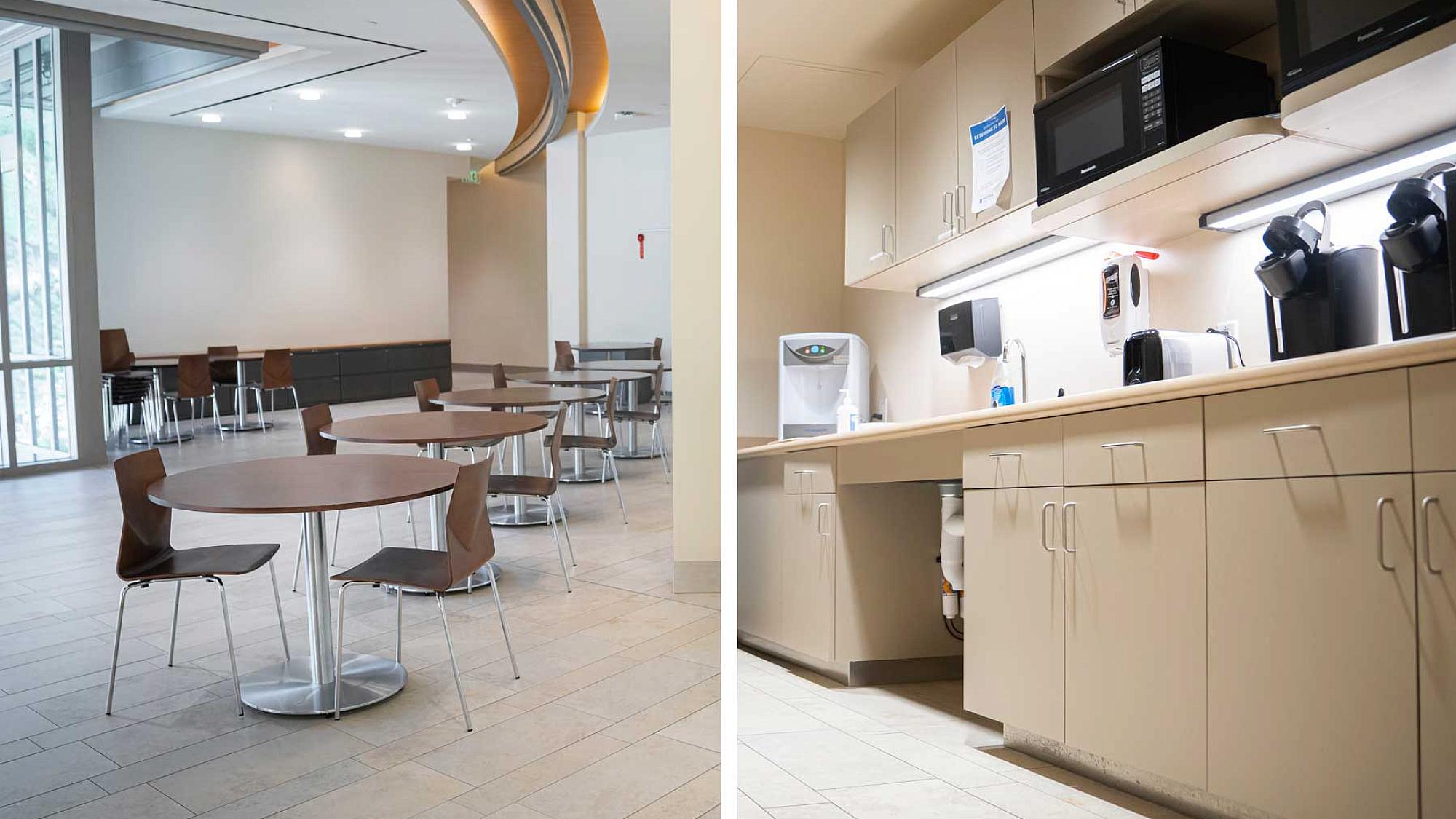 Break room with microwaves, fridge, and seating