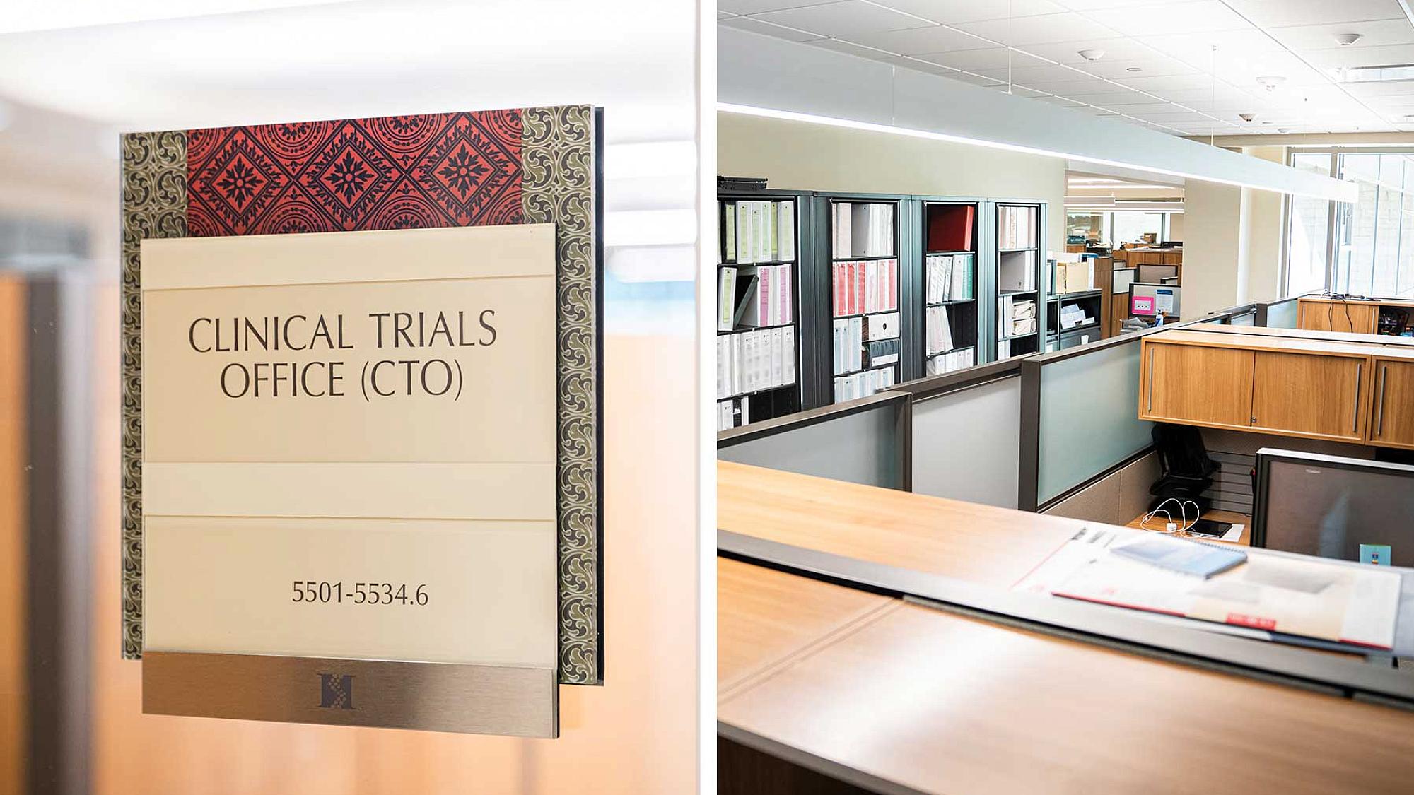 Clinical Trials Office entry plaque and cubical space