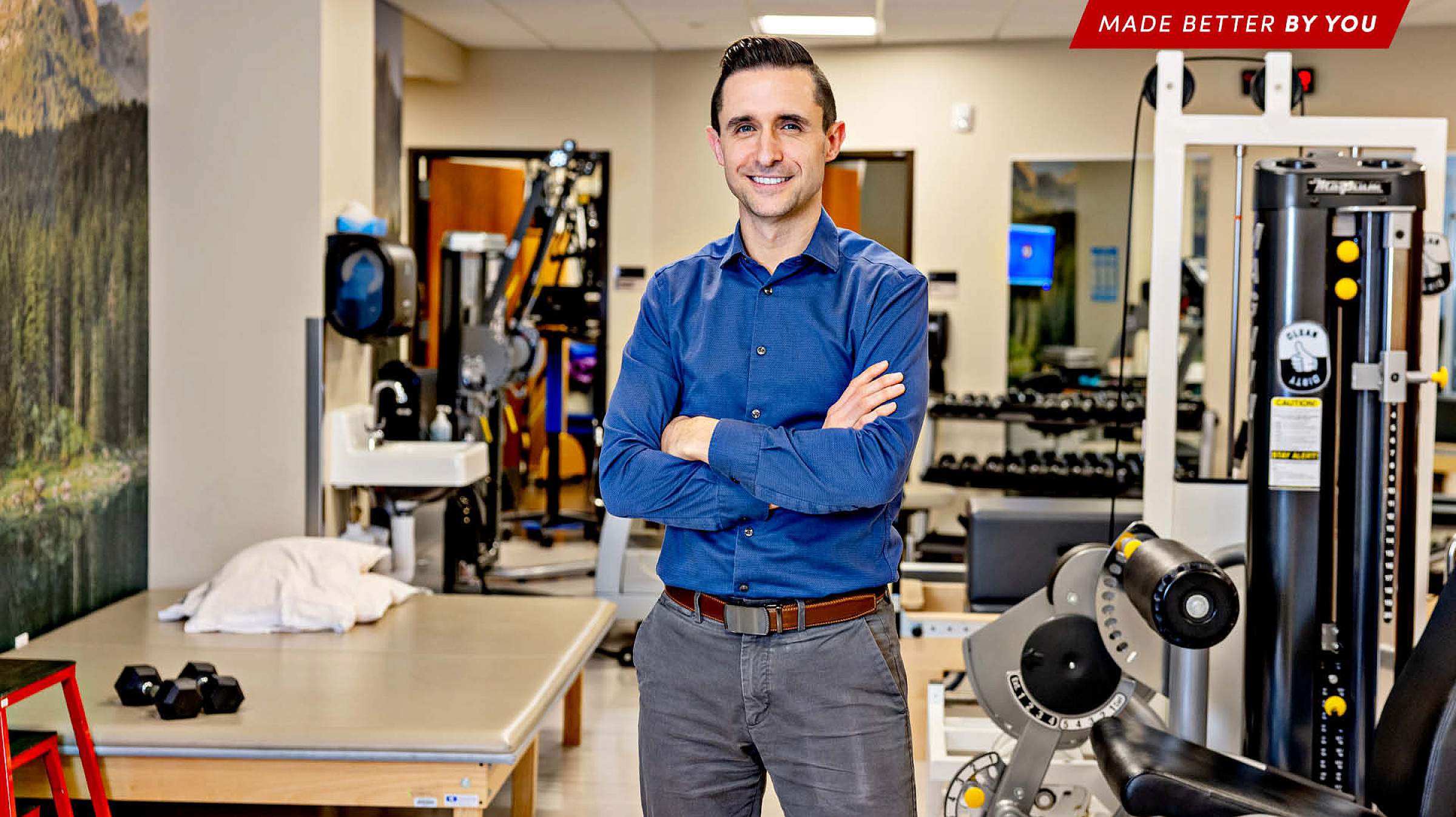 Clayton Powers in his physical therapy work space at South Jordan Health Center. 