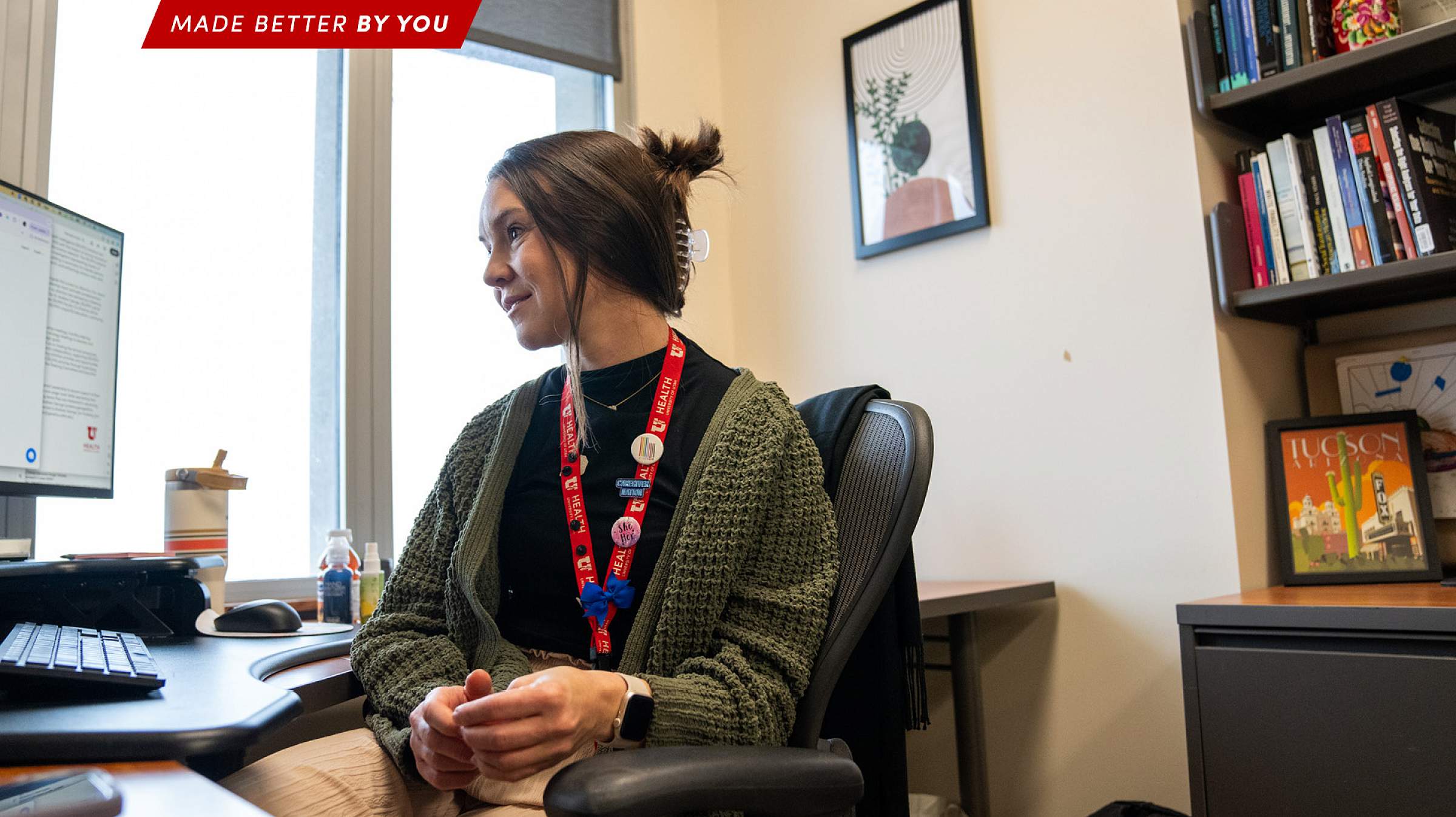 Echo Warner at her desk. 