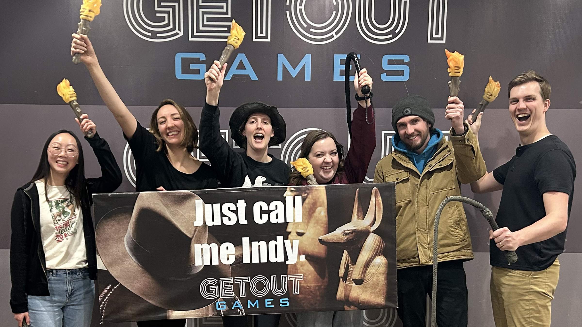 Young Lab members at cheering after completing an escape room